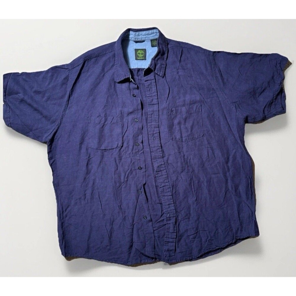 Timberland Button Up Shirt Men’s XL Blue Linen Blend Short Sleeve Casual Camp